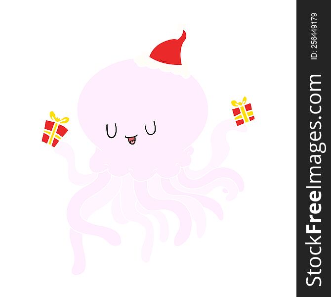 Flat Color Illustration Of A Jellyfish In Love Wearing Santa Hat