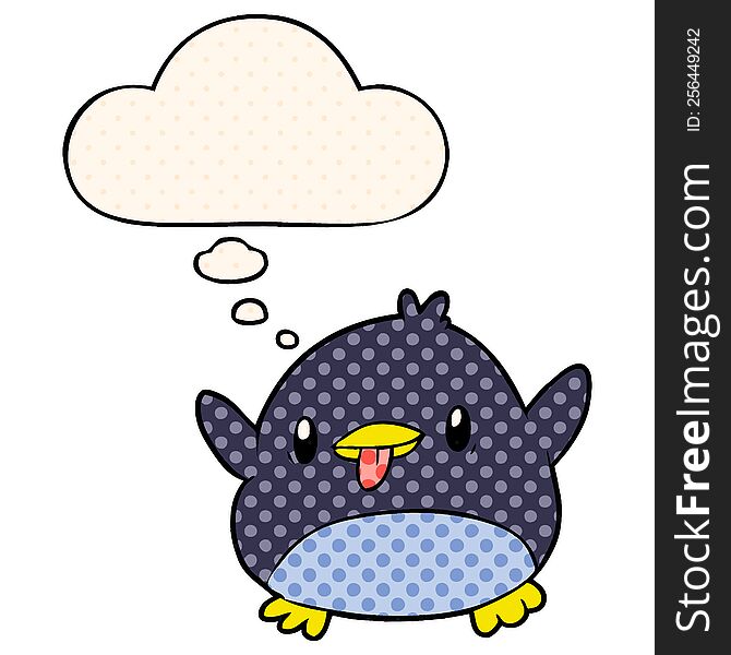 cute cartoon penguin with thought bubble in comic book style