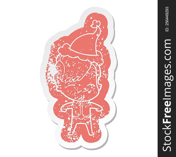 cartoon distressed sticker of a girl wearing futuristic clothes wearing santa hat