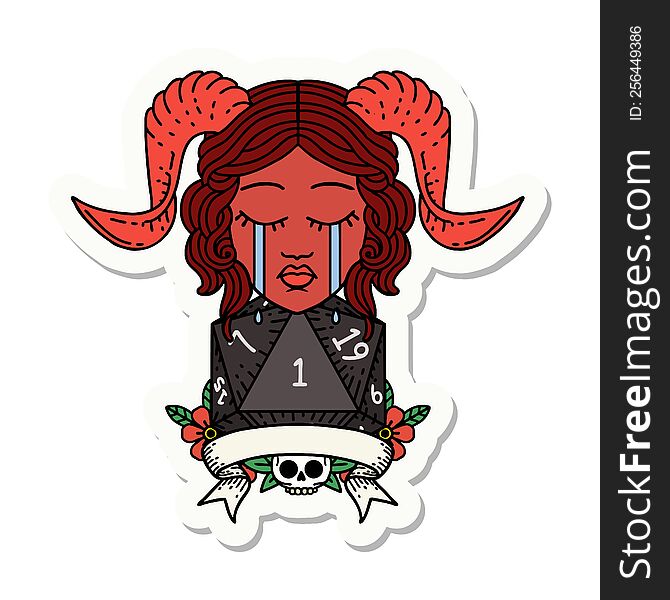 Crying Tiefling Face With Natural One D20 Sticker