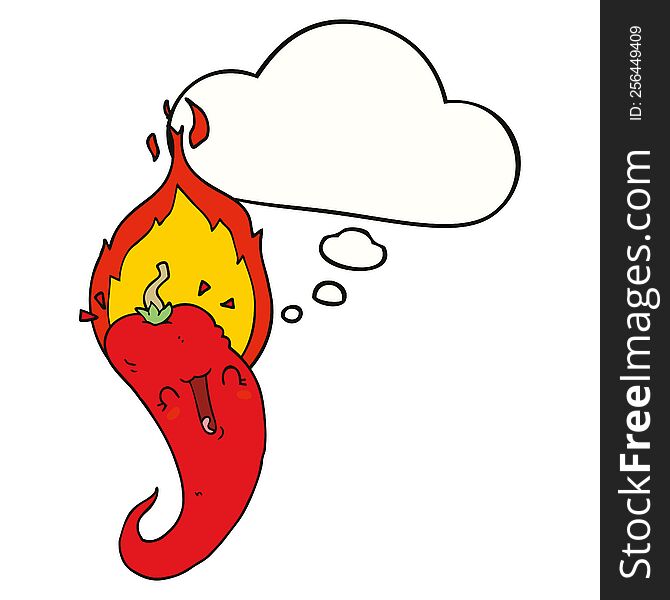 cartoon flaming hot chili pepper with thought bubble