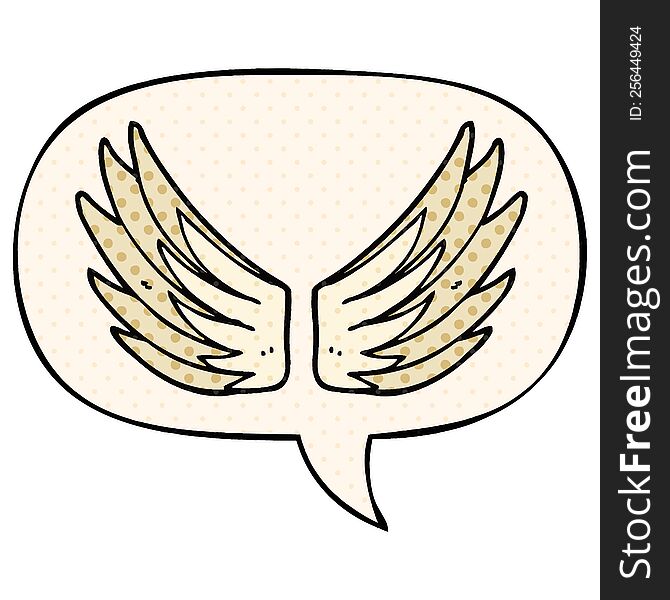 cartoon wings symbol with speech bubble in comic book style
