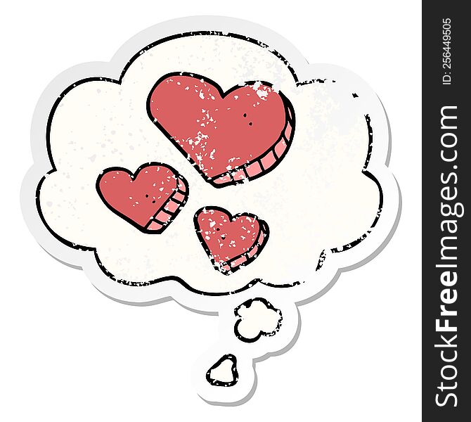 cartoon love hearts with thought bubble as a distressed worn sticker