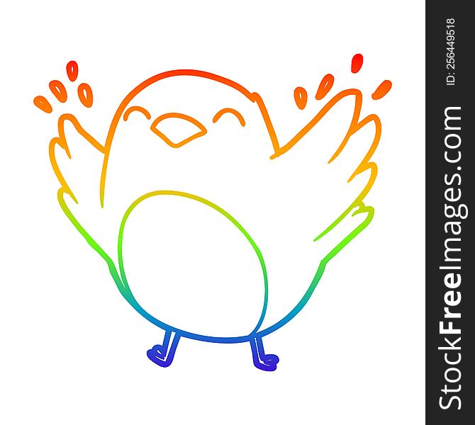 rainbow gradient line drawing of a cartoon robin flapping wings