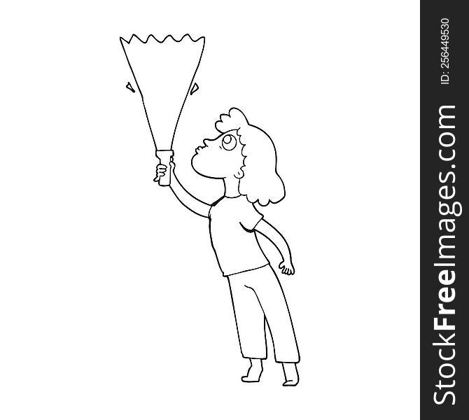 freehand drawn black and white cartoon woman searching with torch