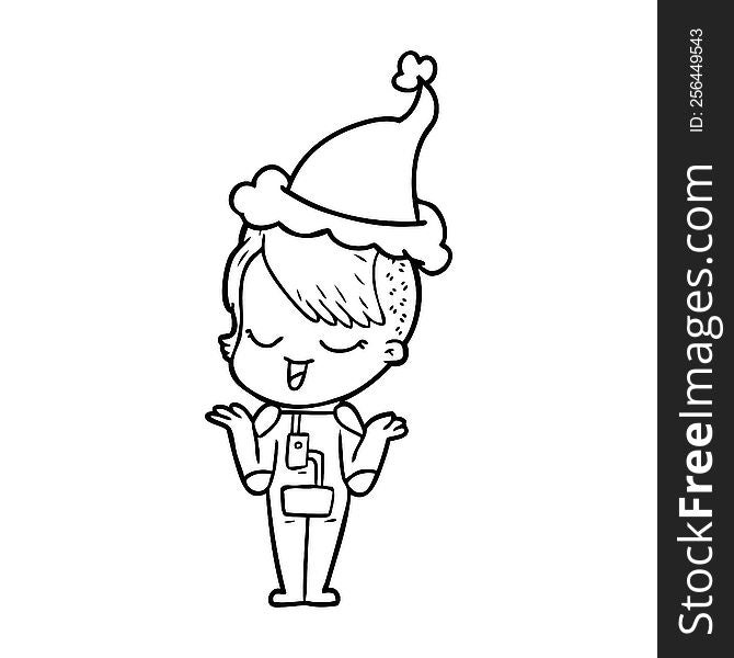 Happy Line Drawing Of A Girl In Space Suit Wearing Santa Hat