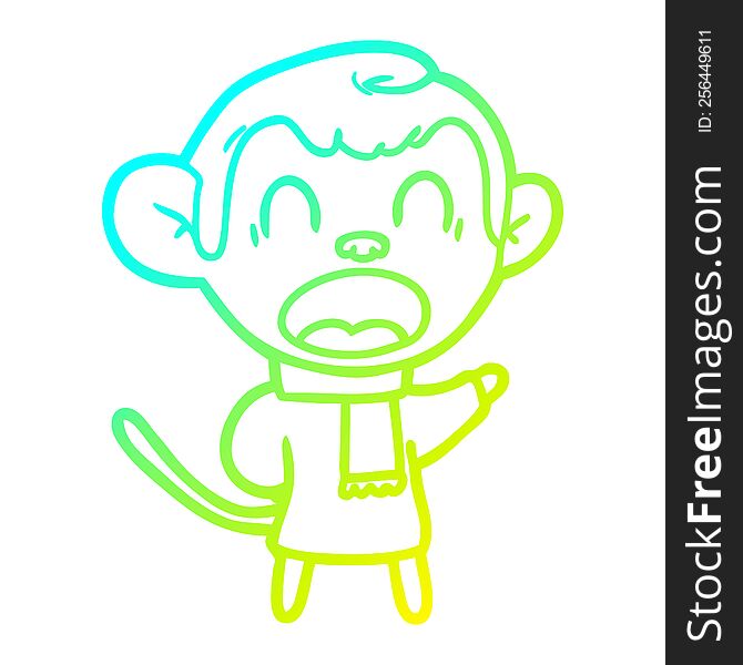 cold gradient line drawing of a shouting cartoon monkey wearing scarf