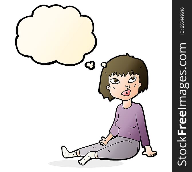cartoon woman sitting on floor with thought bubble
