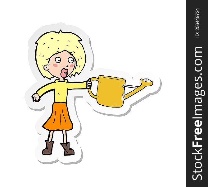 sticker of a cartoon woman with watering can
