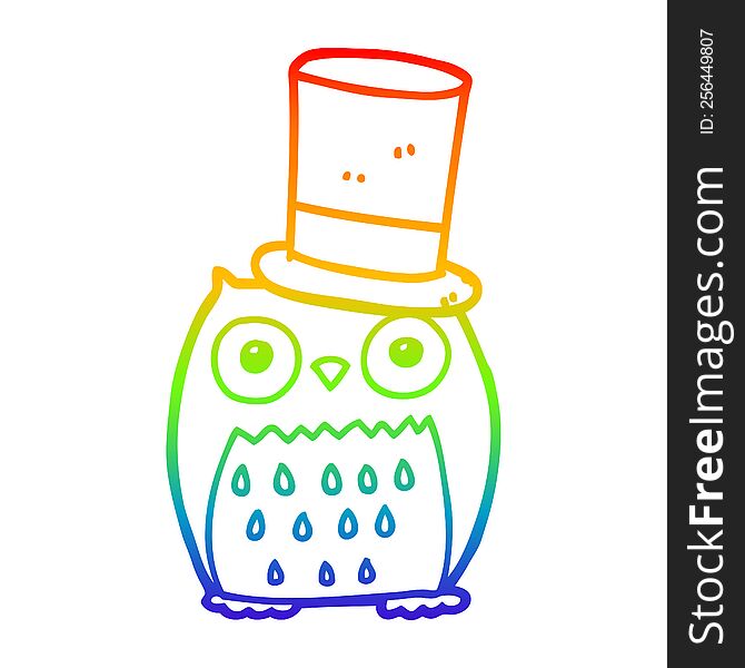 rainbow gradient line drawing of a cartoon owl wearing top hat