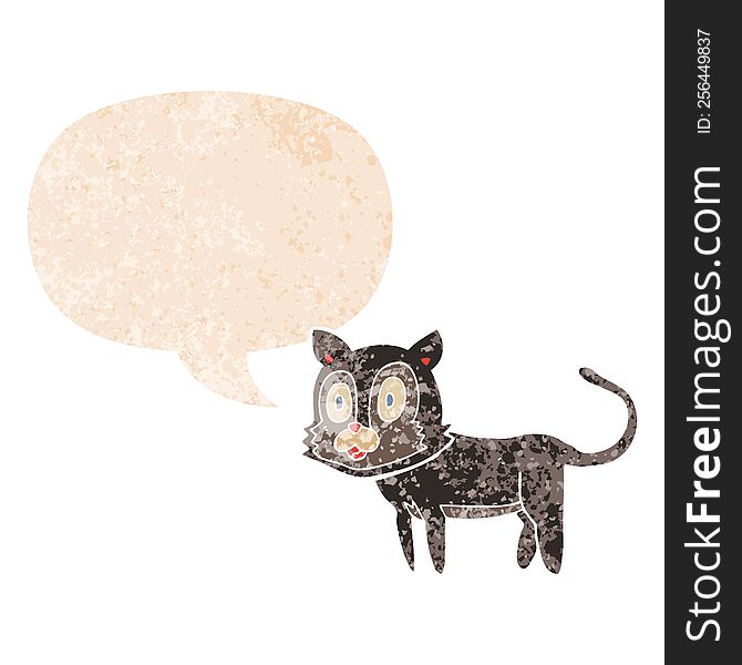 Happy Cartoon Cat And Speech Bubble In Retro Textured Style