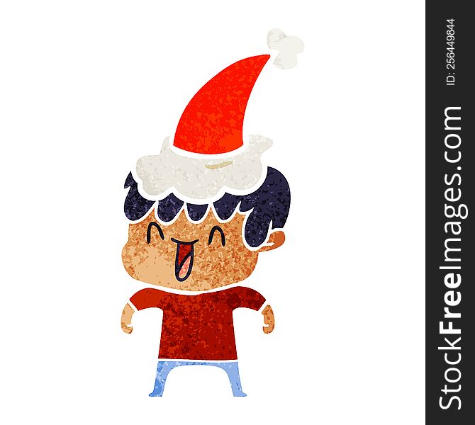 hand drawn retro cartoon of a laughing boy wearing santa hat