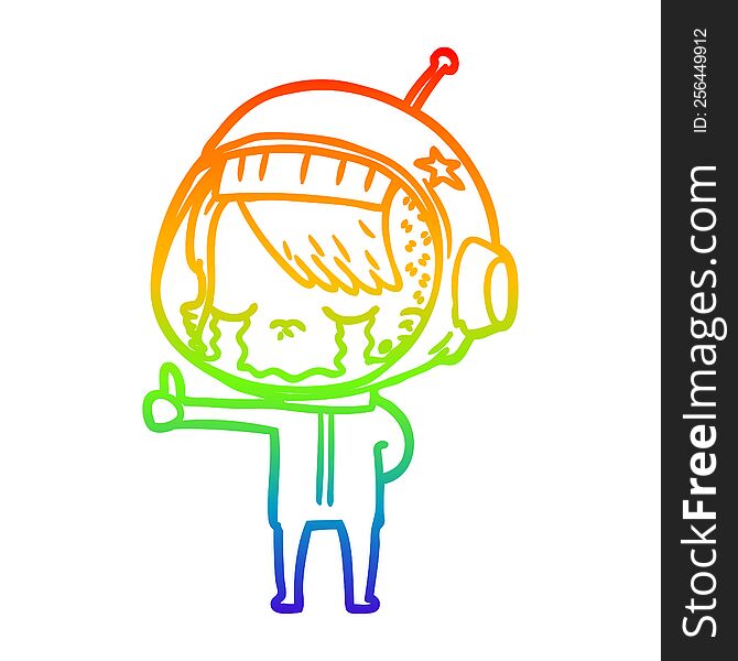 rainbow gradient line drawing of a cartoon crying astronaut girl making thumbs up sign