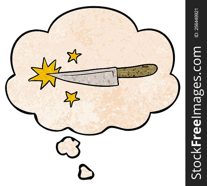 cartoon sharp kitchen knife and thought bubble in grunge texture pattern style