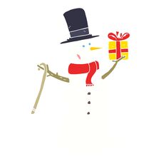 Flat Color Illustration Of A Cartoon Snowman Holding Present Stock Photography