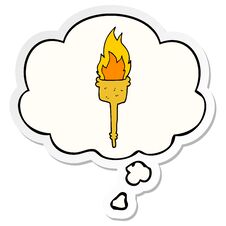 Cartoon Flaming Torch And Thought Bubble As A Printed Sticker Royalty Free Stock Photo