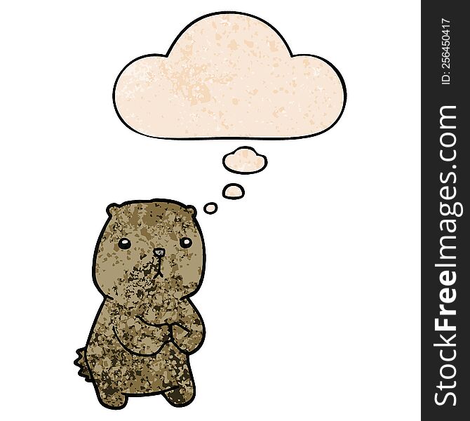 Cartoon Worried Bear And Thought Bubble In Grunge Texture Pattern Style