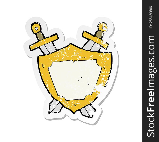 retro distressed sticker of a cartoon shield and swords