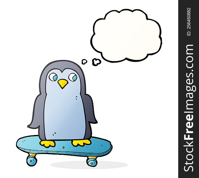 freehand drawn thought bubble cartoon penguin riding skateboard