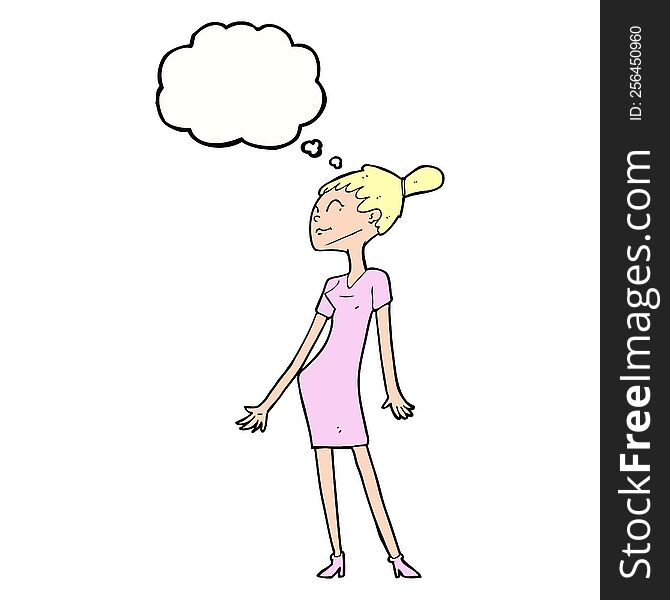 cartoon woman in dress with thought bubble