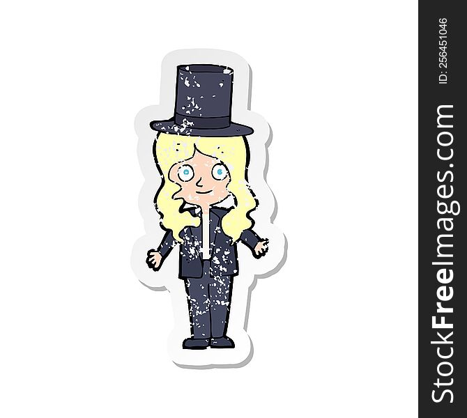 retro distressed sticker of a cartoon woman wearing top hat