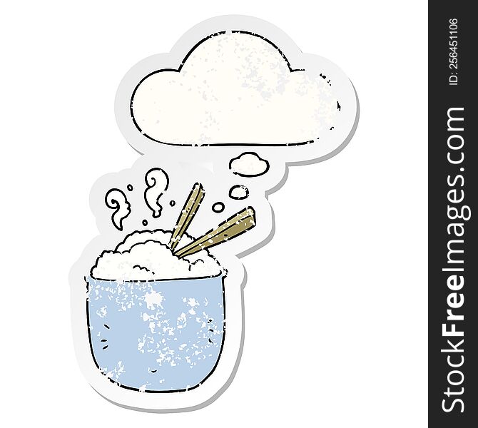Cartoon Bowl Of Rice And Thought Bubble As A Distressed Worn Sticker