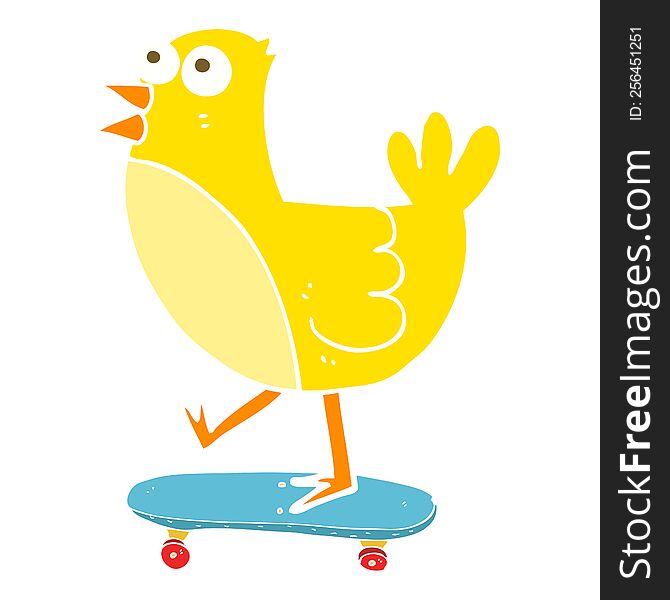 Flat Color Illustration Of A Cartoon Bird On Skateboard