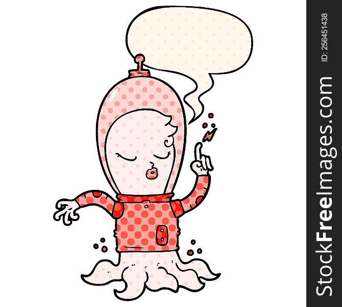cute cartoon alien with speech bubble in comic book style