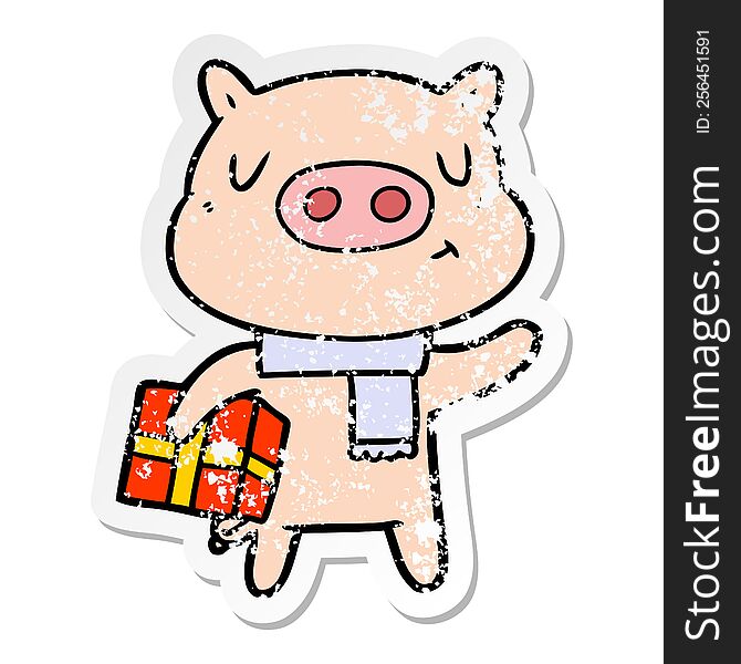 Distressed Sticker Of A Cartoon Christmas Pig