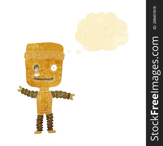 cartoon funny gold robot with thought bubble