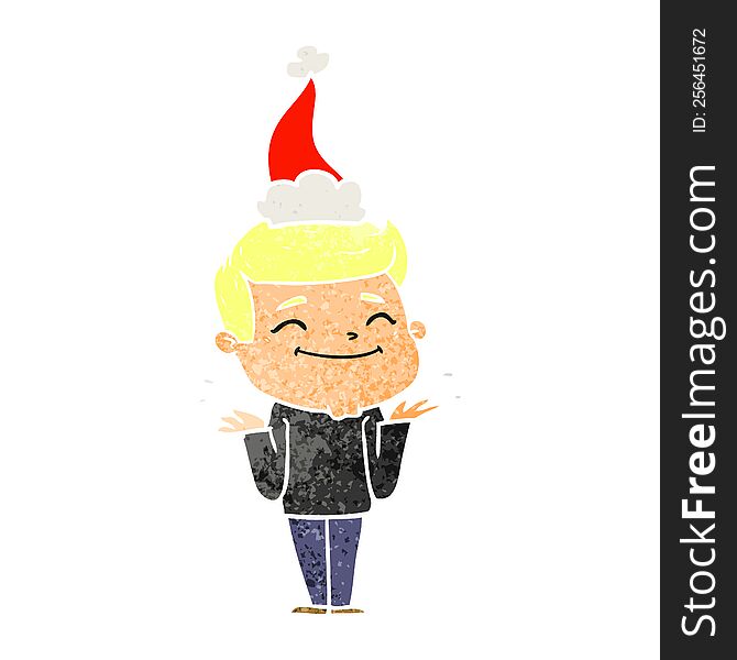Happy Retro Cartoon Of A Man Shrugging Wearing Santa Hat