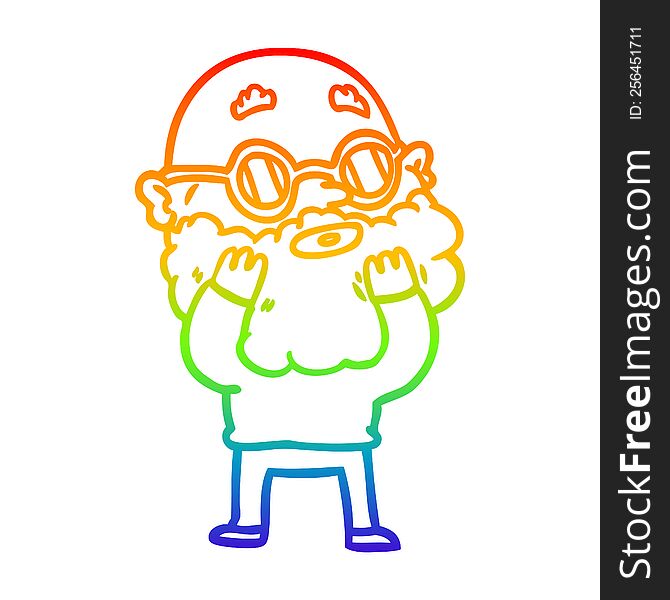 rainbow gradient line drawing cartoon curious man with beard and sunglasses