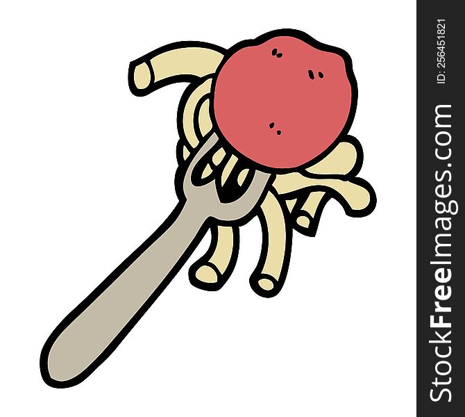 hand drawn doodle style cartoon spaghetti and meatballs on fork