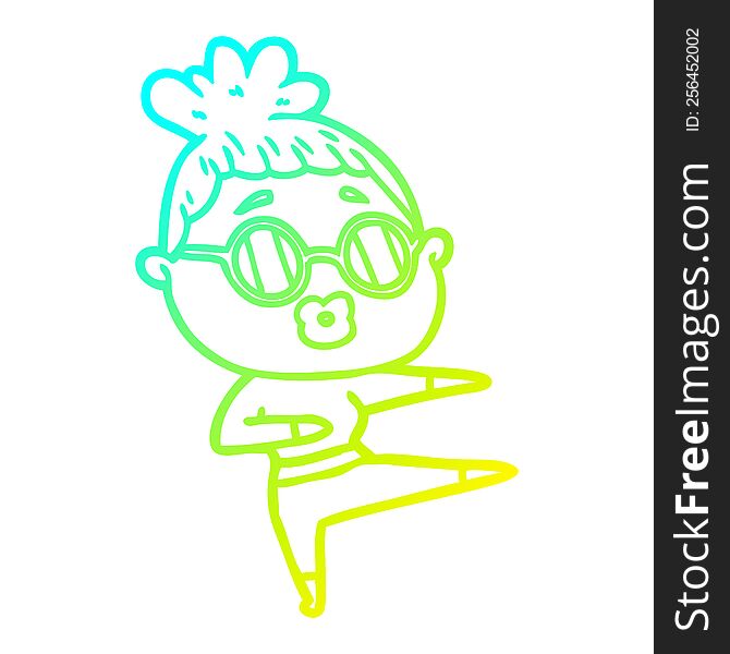 cold gradient line drawing of a cartoon dancing woman wearing sunglasses