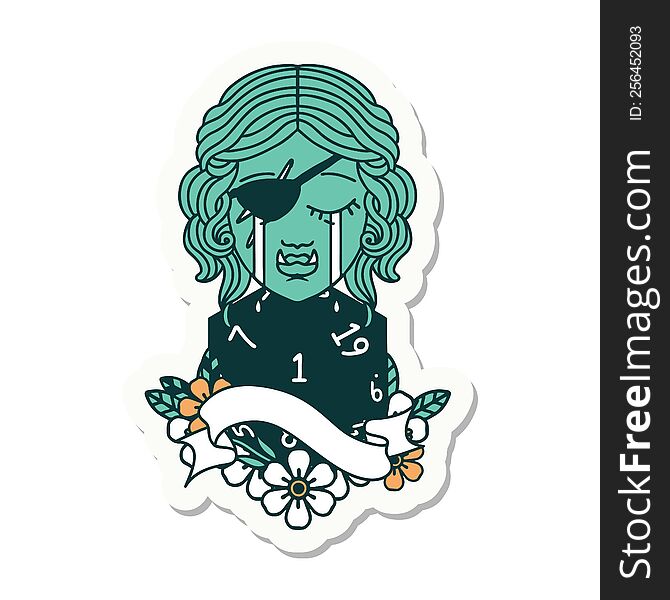 sticker of a crying orc rogue character face with natural one d20 dice roll. sticker of a crying orc rogue character face with natural one d20 dice roll