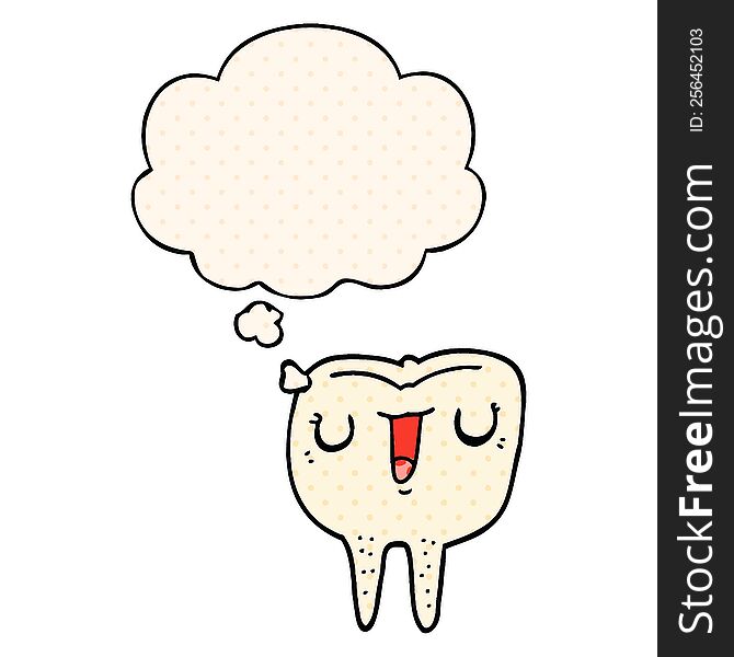 cartoon happy tooth with thought bubble in comic book style