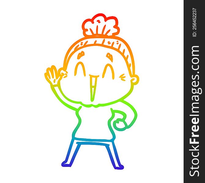 rainbow gradient line drawing of a cartoon happy old lady