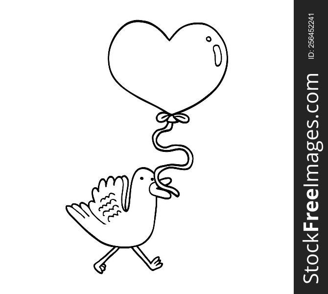 cartoon bird with heart balloon