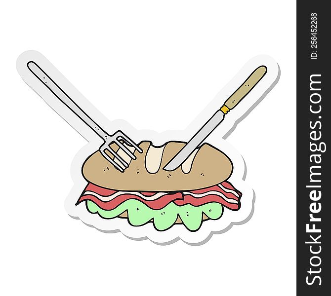 sticker of a cartoon knife and fork cutting huge sandwich