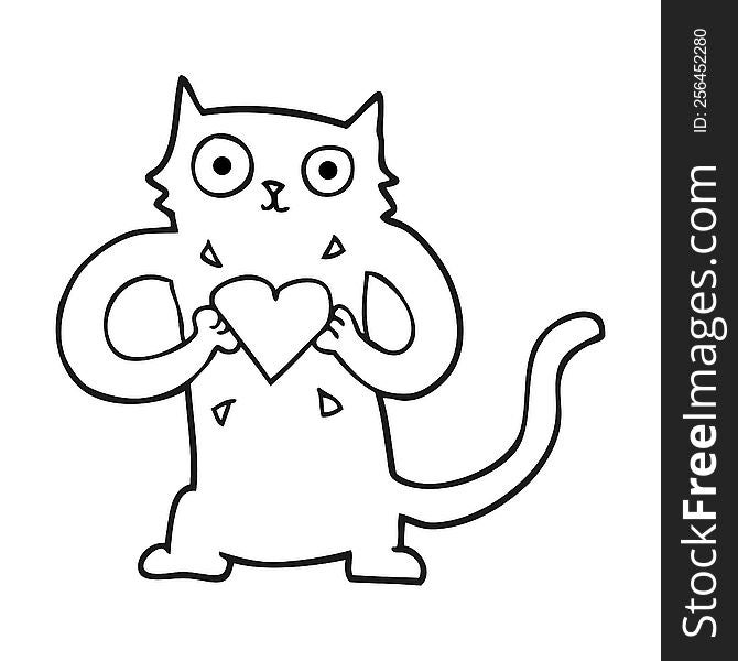 freehand drawn black and white cartoon cat with love heart