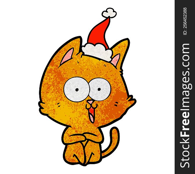 Funny Textured Cartoon Of A Cat Wearing Santa Hat