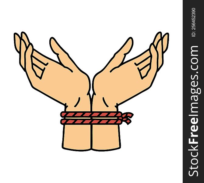 tattoo in traditional style of a pair of tied hands. tattoo in traditional style of a pair of tied hands