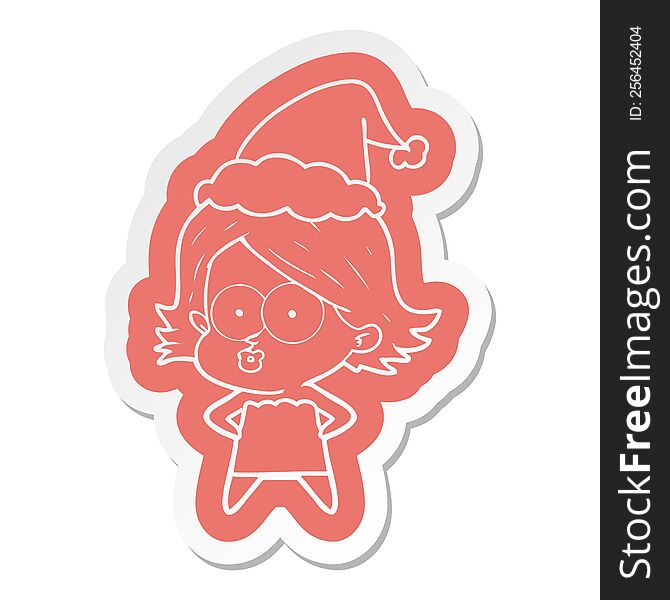 Cartoon  Sticker Of A Girl Pouting Wearing Santa Hat