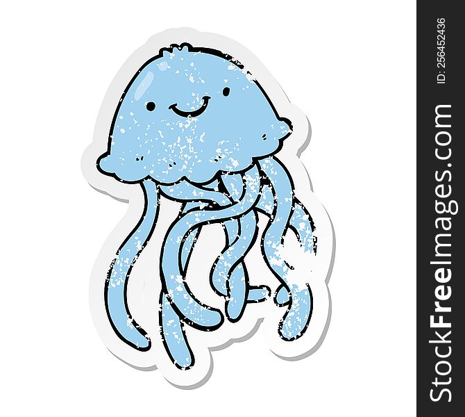 distressed sticker of a cartoon happy jellyfish