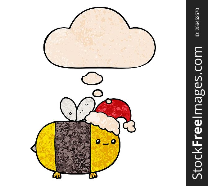 Cartoon Christmas Bee And Thought Bubble In Grunge Texture Pattern Style