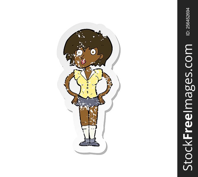retro distressed sticker of a cartoon surprised woman with hands on hips
