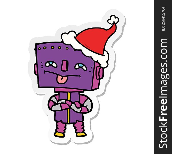 Sticker Cartoon Of A Robot Wearing Santa Hat