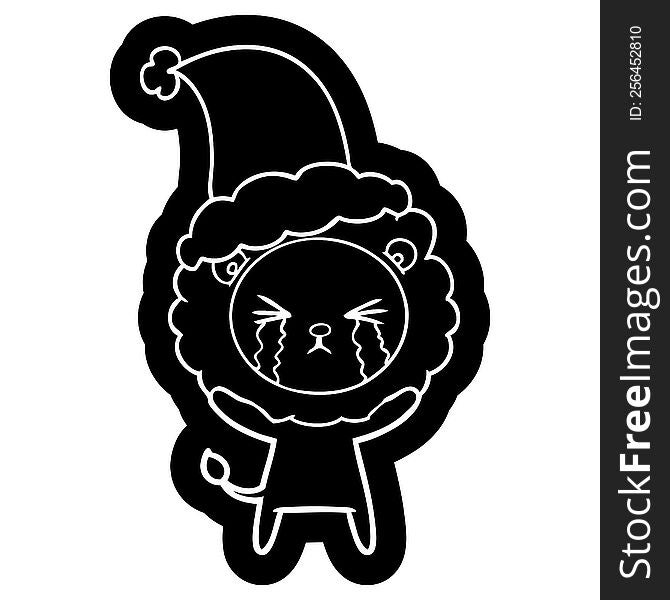 Cartoon Icon Of A Crying Lion Wearing Santa Hat