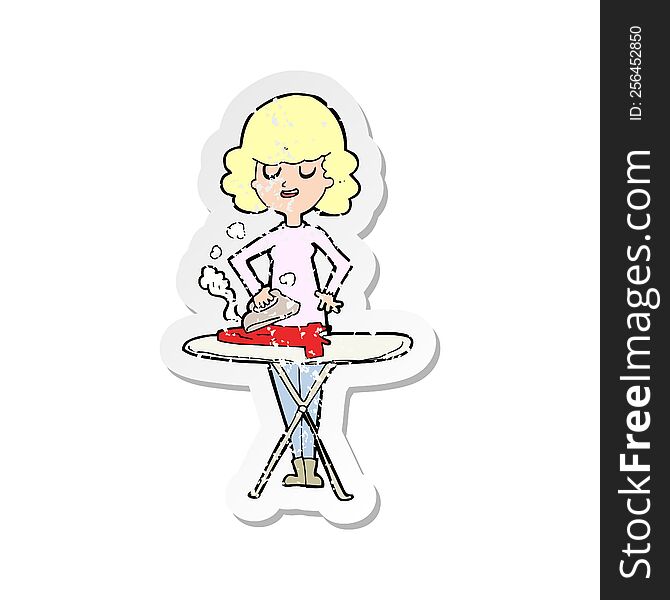 retro distressed sticker of a cartoon woman ironing