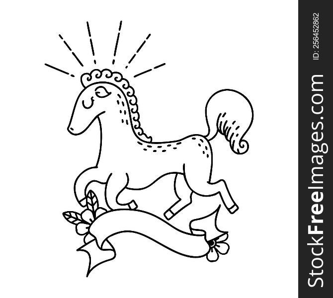 scroll banner with black line work tattoo style prancing stallion